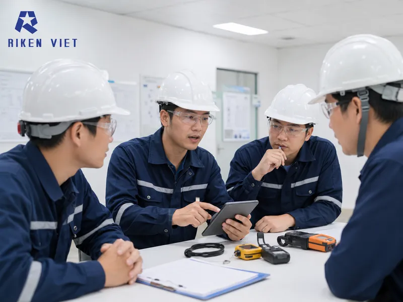 Kỹ thuật viên kiểm tra điều kiện an toàn khí trước khi vào khu vực có nguy cơ thiếu oxy hoặc tích tụ khí độc. Kỹ thuật viên kiểm tra điều kiện an toàn khí trước khi vào khu vực có nguy cơ thiếu oxy hoặc tích tụ khí độc.
