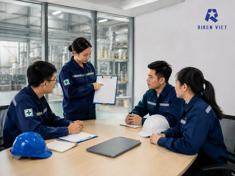 Kỹ sư kiểm tra hiện trường và trao đổi phương án kiểm soát khí độc tại khu vực sản xuất có nguy cơ cao. Kỹ sư kiểm tra hiện trường và trao đổi phương án kiểm soát khí độc tại khu vực sản xuất có nguy cơ cao.