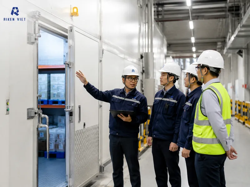 Kiểm tra an toàn khu vực kho lạnh nhằm kiểm soát nồng độ khí NH3 cho phép trong quá trình vận hành. Kiểm tra an toàn khu vực kho lạnh nhằm kiểm soát nồng độ khí NH3 cho phép trong quá trình vận hành.