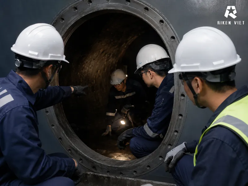 Kỹ sư kiểm tra khu vực không gian hạn chế trước khi triển khai công việc, nhằm đánh giá nguy cơ thiếu oxy, khí độc và khí cháy nổ. Kỹ sư kiểm tra khu vực không gian hạn chế trước khi triển khai công việc, nhằm đánh giá nguy cơ thiếu oxy, khí độc và khí cháy nổ.