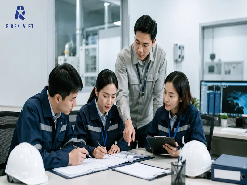 Kỹ sư trao đổi quy trình đo khí độc và đánh giá rủi ro theo tiêu chuẩn NIOSH tại khu vực nhà máy.