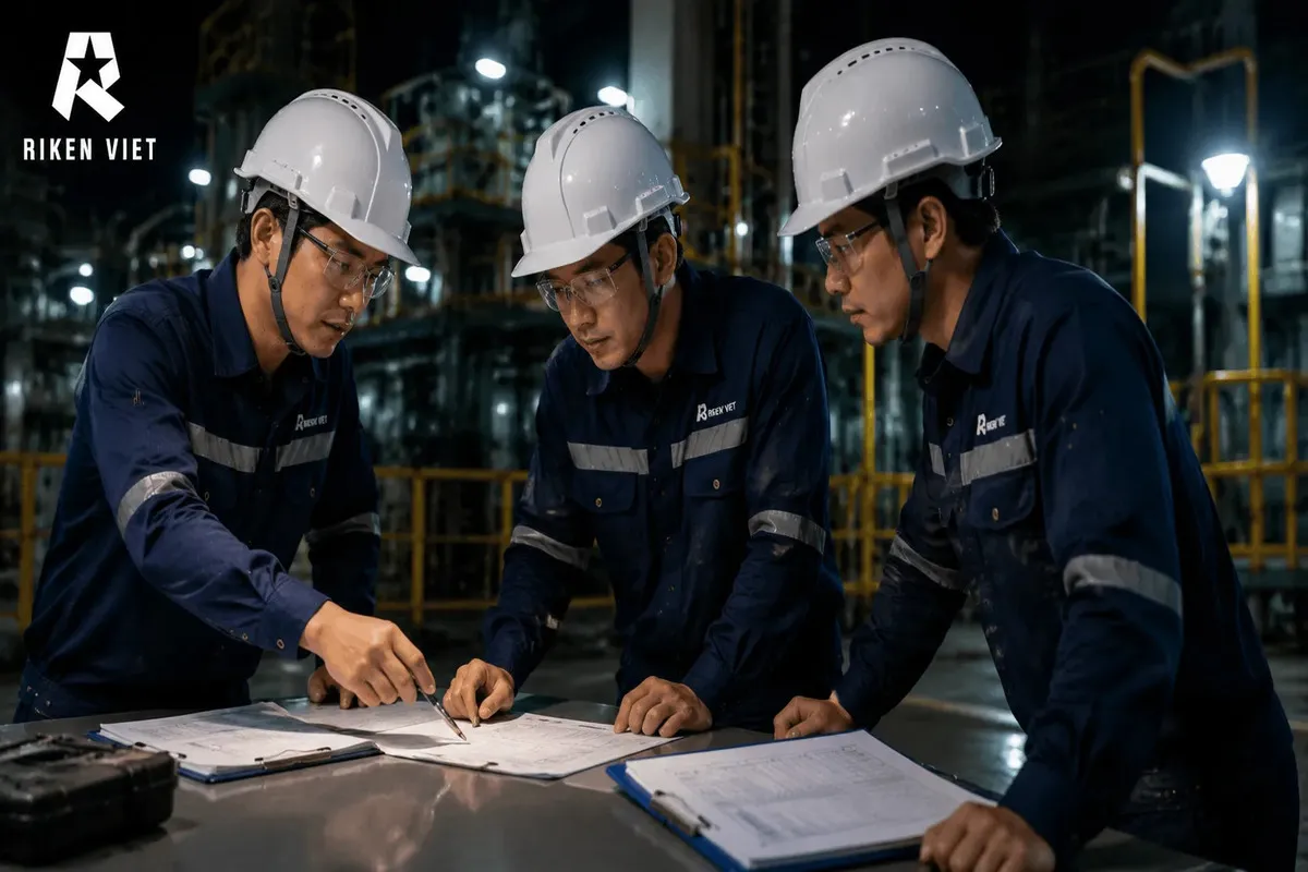 Kỹ sư RIKEN VIET kiểm tra hồ sơ và quy trình hiệu chuẩn máy đo khí tại hiện trường. Kỹ sư RIKEN VIET kiểm tra hồ sơ và quy trình hiệu chuẩn máy đo khí tại hiện trường.