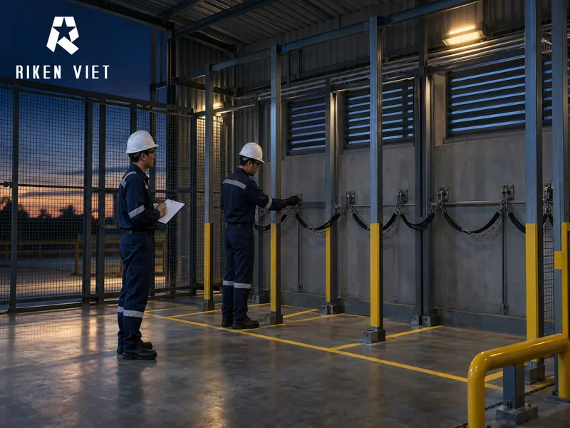 Khu vực lưu trữ cần được phân khu, thông thoáng và chuẩn bị điểm cố định phù hợp với từng nhóm khí. Khu vực lưu trữ cần được phân khu, thông thoáng và chuẩn bị điểm cố định phù hợp với từng nhóm khí.